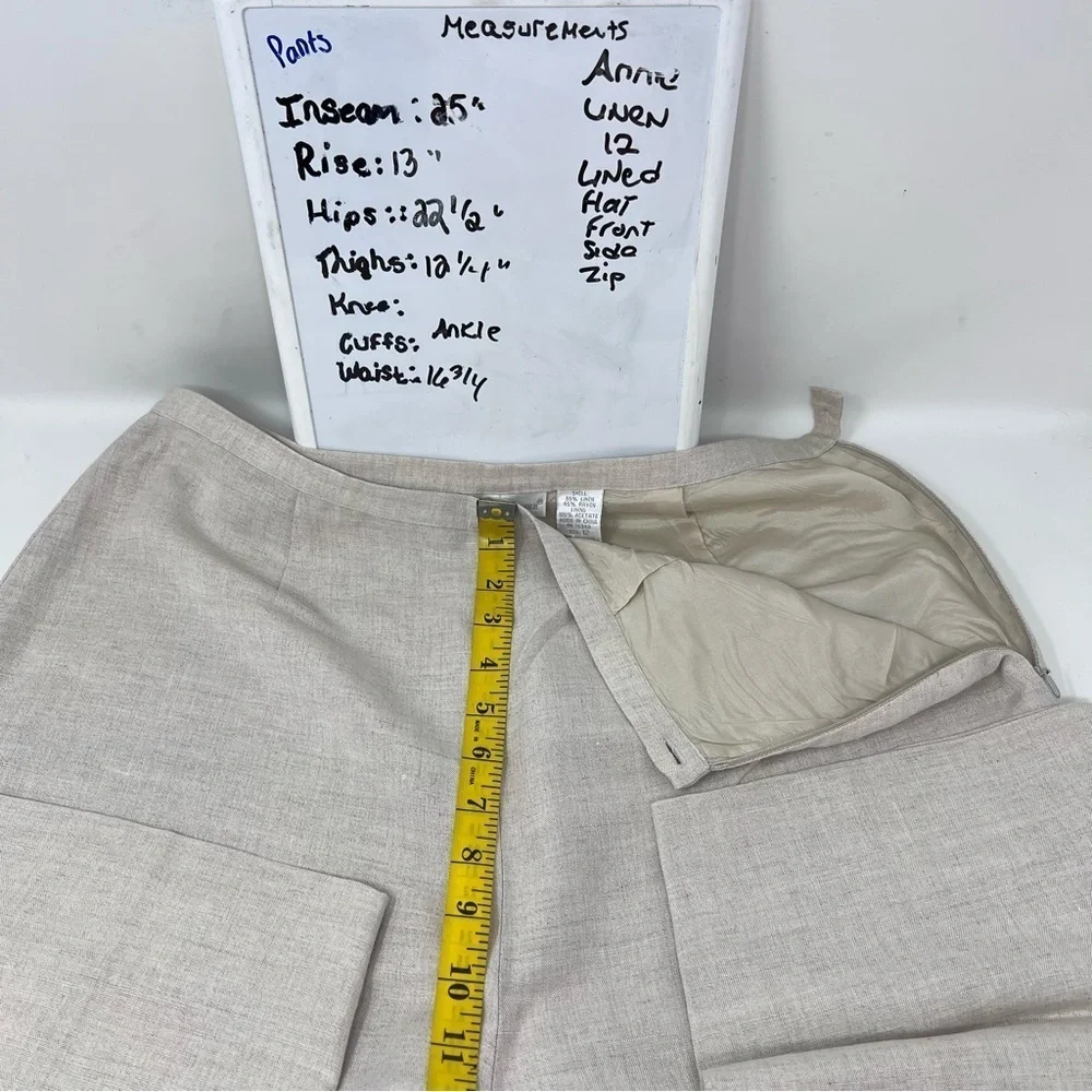 Annie Alexander Wide Leg Cropped Ankle Slacks Size 14 Ivory Linen Side Zip Lined - Picture 7 of 12